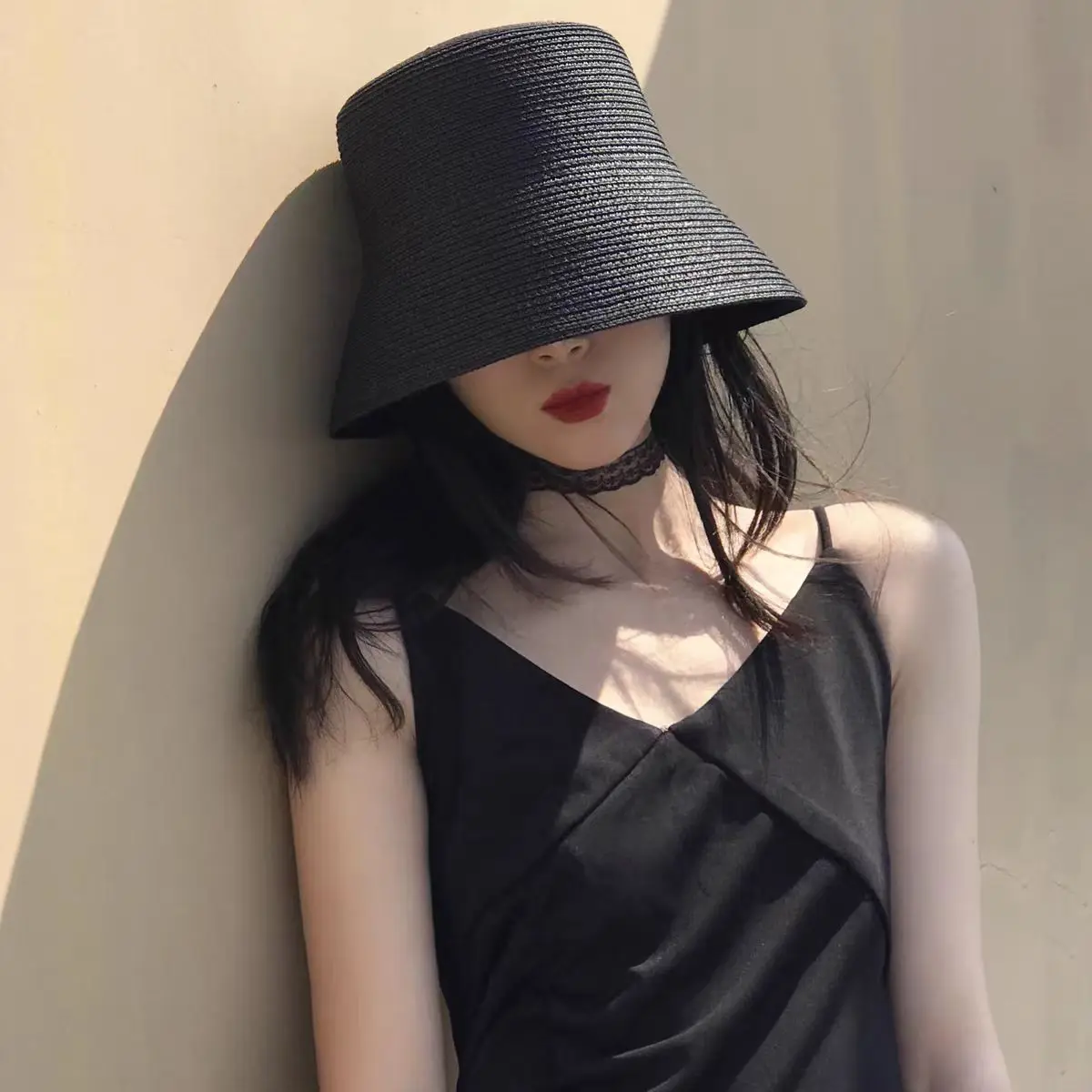 solid Flat bucket hat foldable basin hat vintage bucket straw hat women\'s summer beach small-brimmed sunhat sun protection