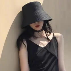 solid Flat bucket hat foldable basin hat vintage bucket straw hat women's summer beach small-brimmed sunhat sun protection