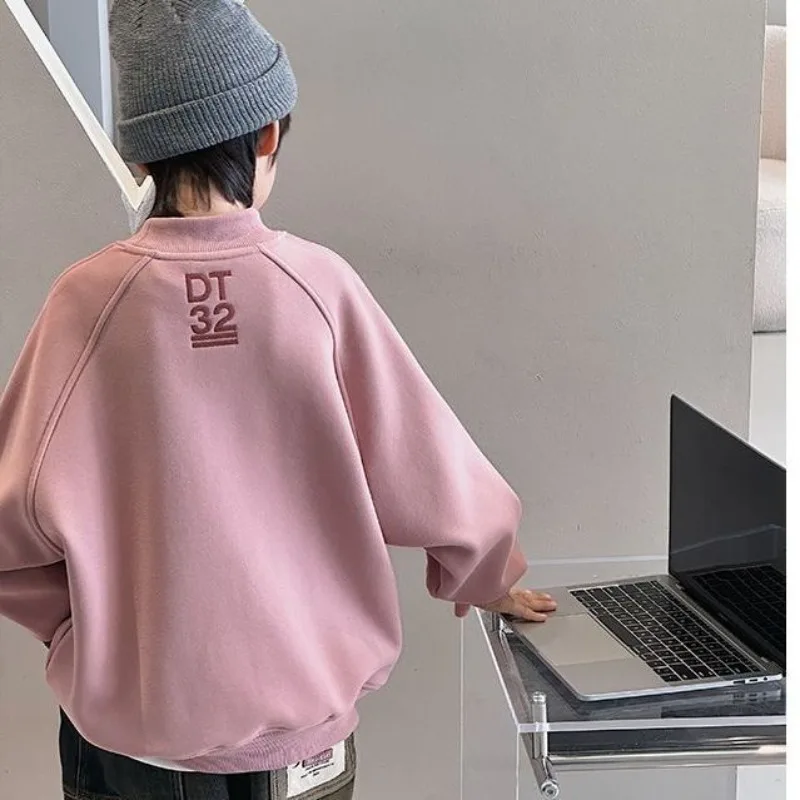 2025 Winter New Boys' Fleece-Lined Crewneck Sweatshirt Kids' Sizes S/M/L Trendy Korean Style