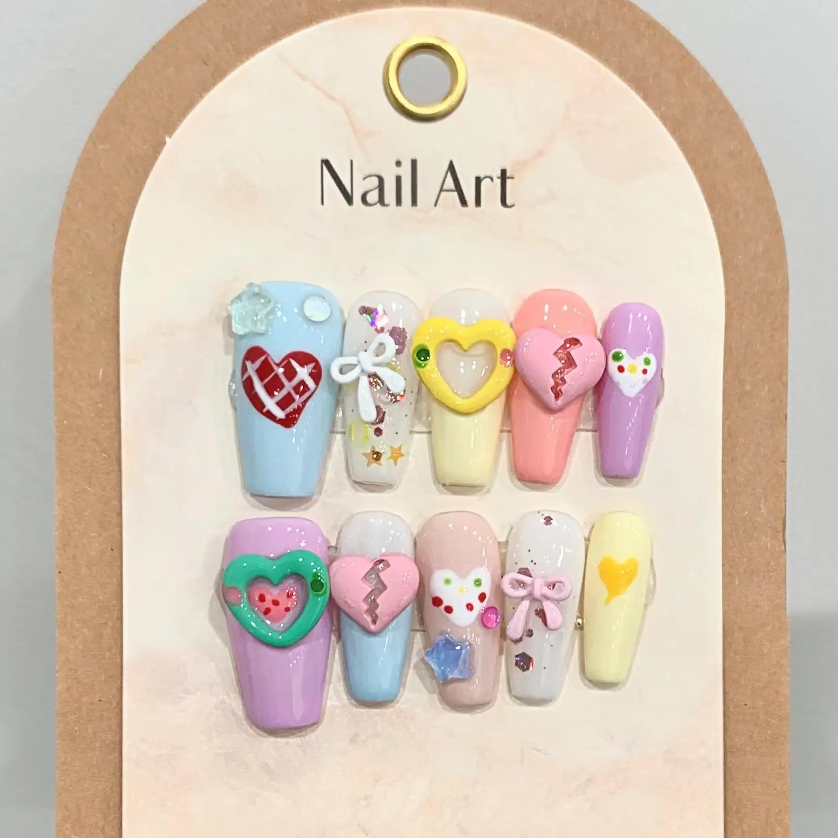 Handmade Press on Nails 3D Colorful Love Bow Design Fake Nail Patches Sweet Girl Wearable Full Cover False Nail Tips 10pcs