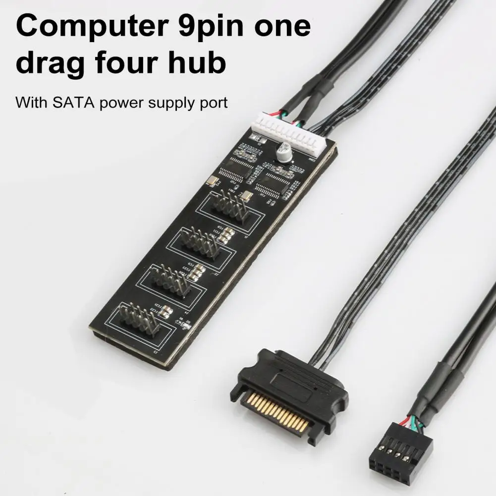 USB 2.0 Header Splitter com cabo de alimentação SATA, 1 a 4 9Pin Motherboard Header, Interno para CPU Cooling Fan, Luz RGB