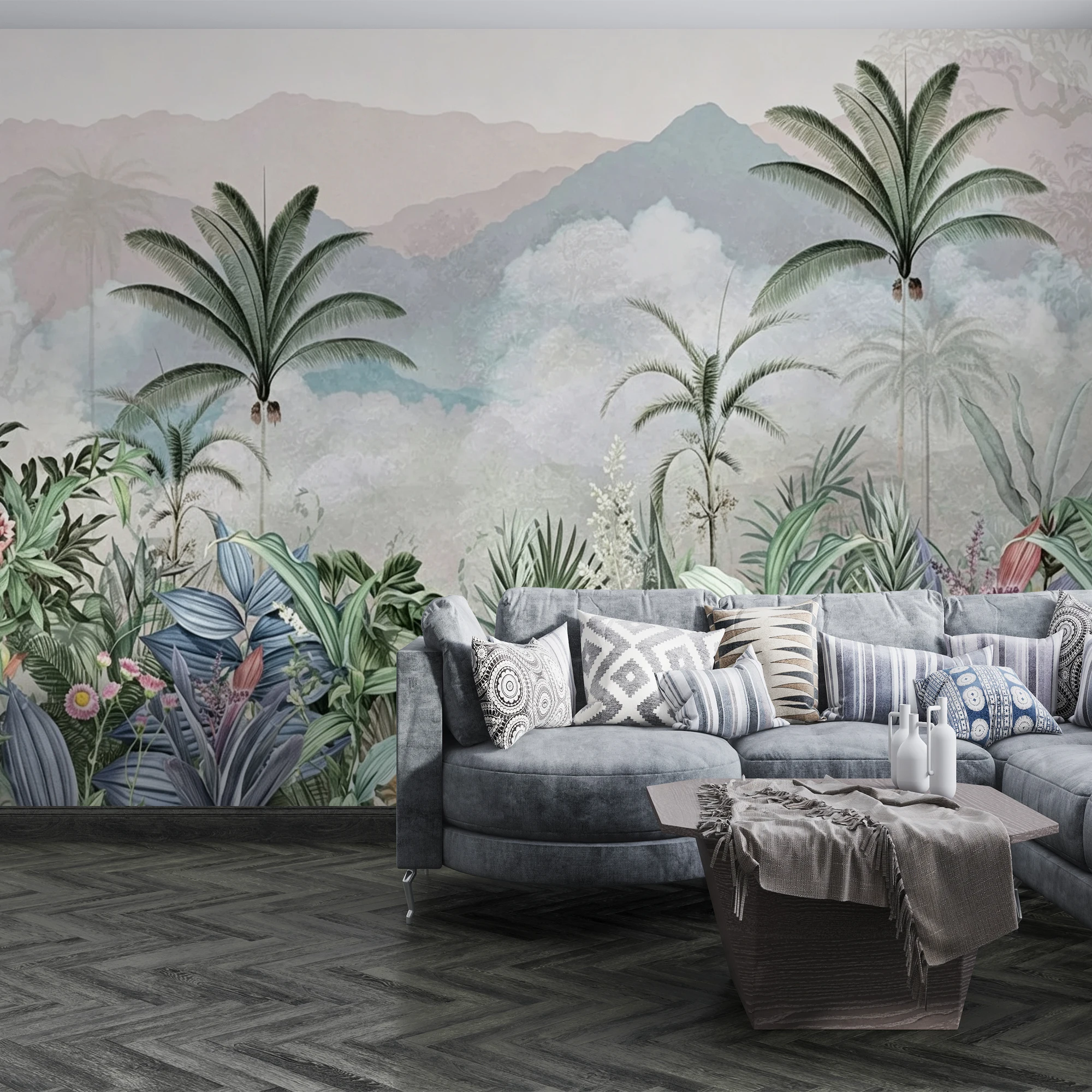 Tropical Rainforest Mountain Mural Wallpaper, Palm Leaf Floral Landscape Wall Mural Home Decor