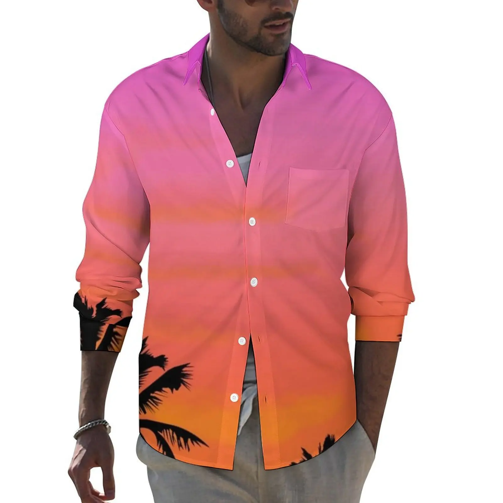 

Island Sunset Casual Shirts Man Palm Trees Print Shirt Long Sleeve Loose Aesthetic Blouses Autumn Graphic Clothing Big Size