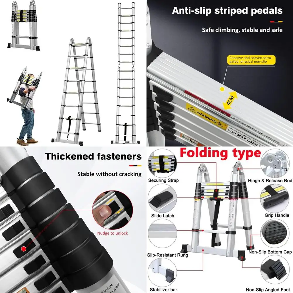 سلم تلسكوبي محمول من الألومنيوم على شكل حرف A، 2 في 1 قابل للطي، 6+6 خطوات، ارتفاع قابل للتعديل، سعة 12.5 قدم، مع مثبت