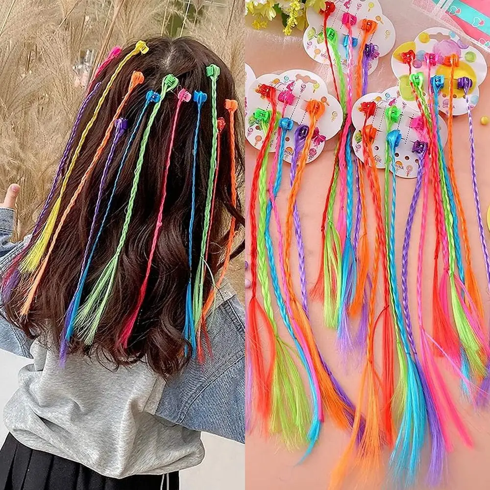 Colorful Braids Hair Extensions With Hair Clips Rainbow Braided Ponytail Hairpieces Hair Accessories For Kids Girls