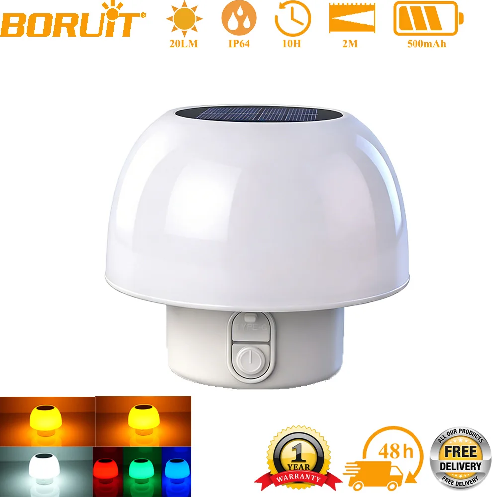 BORUiT Solar Mushroom Mini Table Lamp Rechargeable Indoor Portable Camping Solar Lamp 6 Modes Waterproof Garden Patio Restaurant