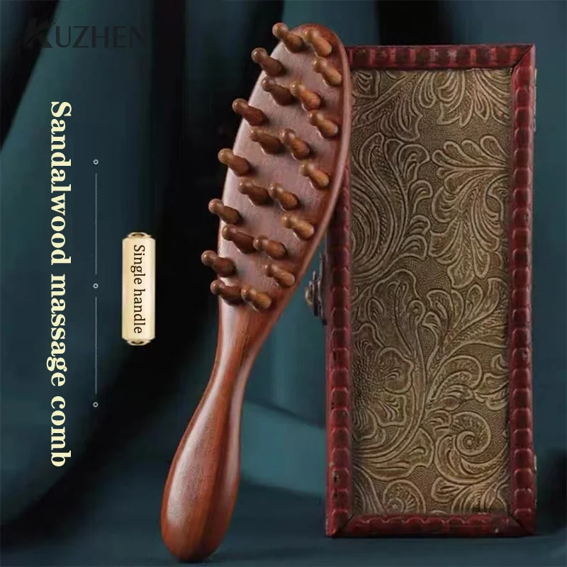 

Golden Sandalwood Comb Head Meridian Comb Natural Sandalwood Long Handle Comb Multifunction Insert Teeth Massage Comb 22 Nails