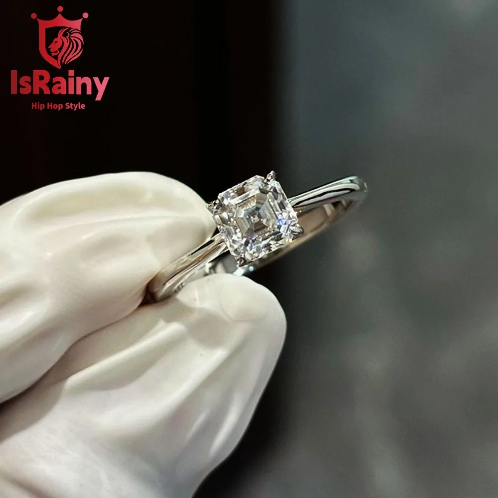 

IsRainy D Color 6MM Asscher Cut Moissanite Diamond Rings For Women Men Wedding Anniversary 925 Sterling Silver Fine Jewelry Gift