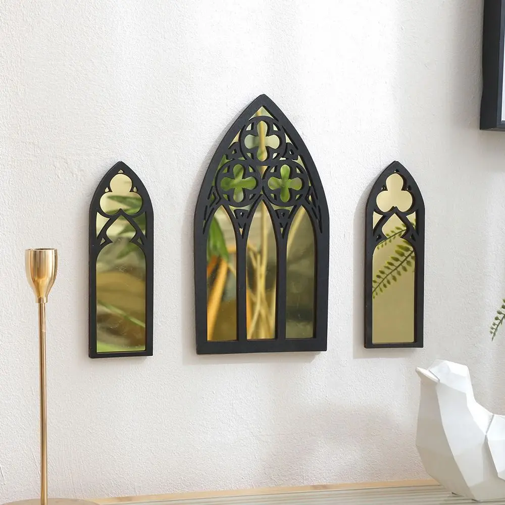 3Pcs/set Cathedral Floral Patterns Gothic Wall Mount Mirrors Smooth Surfaces Self-paste Vintage Window Mirrors Handicraft