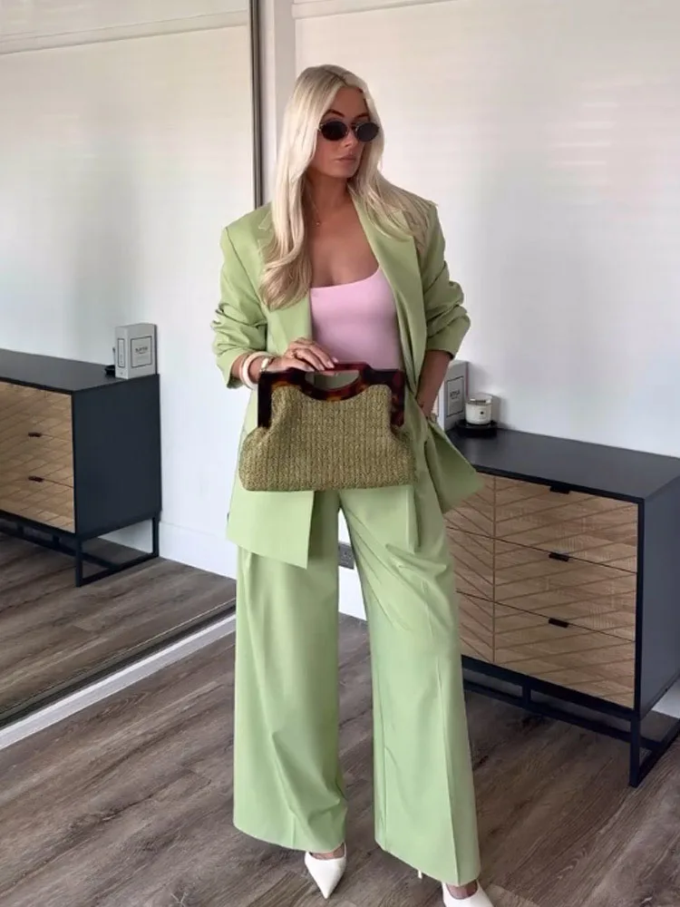 HH Women Suit Turn-Down Collar Long Sleeves Single-Breasted Pockets Lapel Blazers+Tripping Strap Decoration Zipper Pants