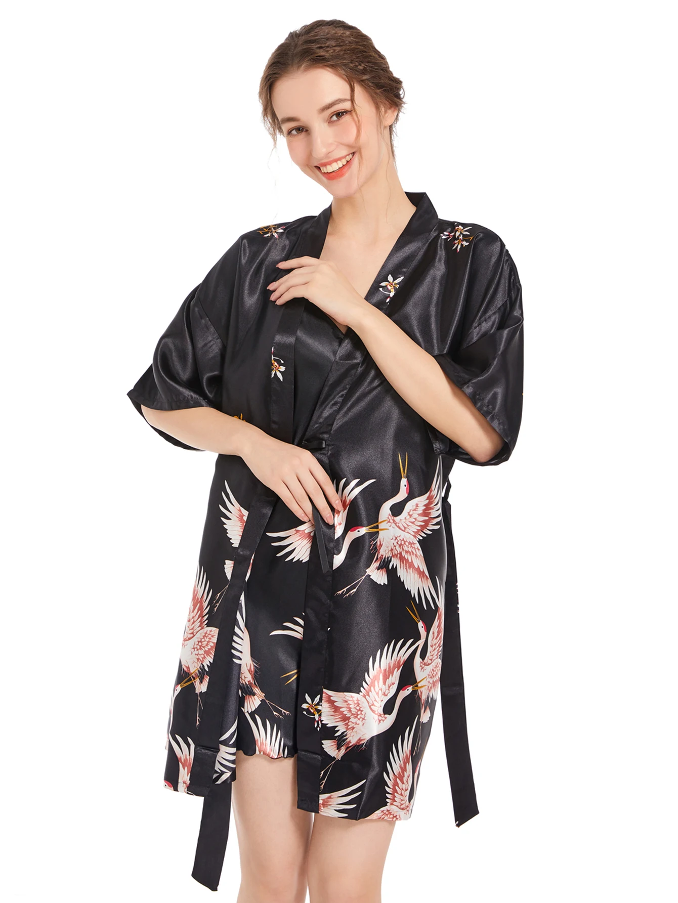 Pajamas home dress set women's ethnic style crane spring and autumn sexy short robe two-piece set