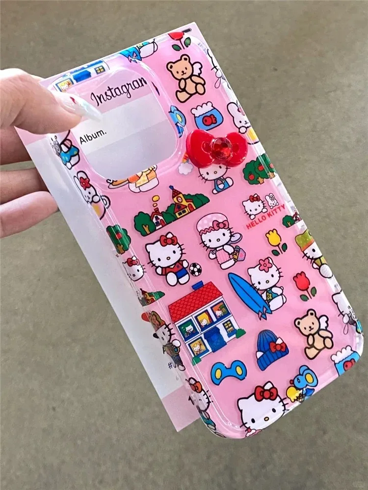 Cute Rainbow Cartoon Hello Kitty Cat Soft Silicone Phone Case For iPhone 13 12 14 15Pro Max House Kitty Bear Cover