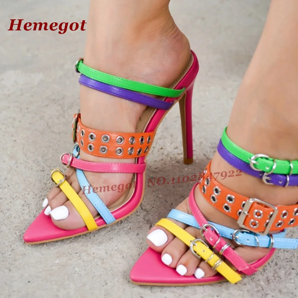 Neon Multicolor Strappy Pointed Toe Heels Slippers Eyelet Buckle Ankle Wrap Thin Stiletto Sandals Colorful Splicing Runway Shoes