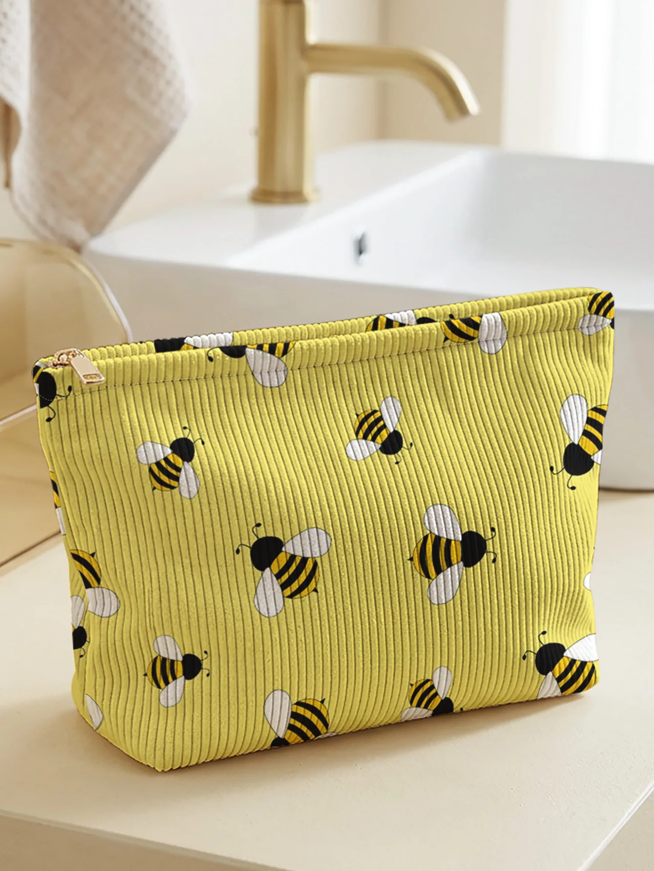 Bee patterned corduroy makeup bag, lightweight zipper pouch, multifunctional lined bag for cosmetics