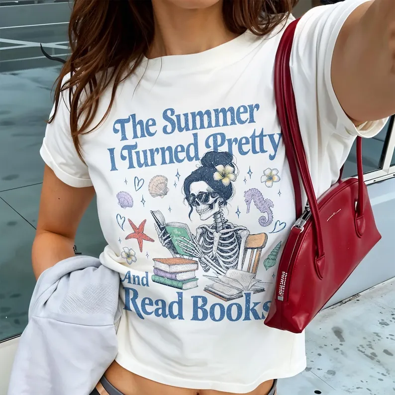 الصيف تحولت جميلة وقراءة الكتب طباعة قصيرة الأكمام تي شيرت TSITP أبناء الشاطئ الشباب تي شيرت الهيكل العظمي الرجعية كتاب فتاة المحملة