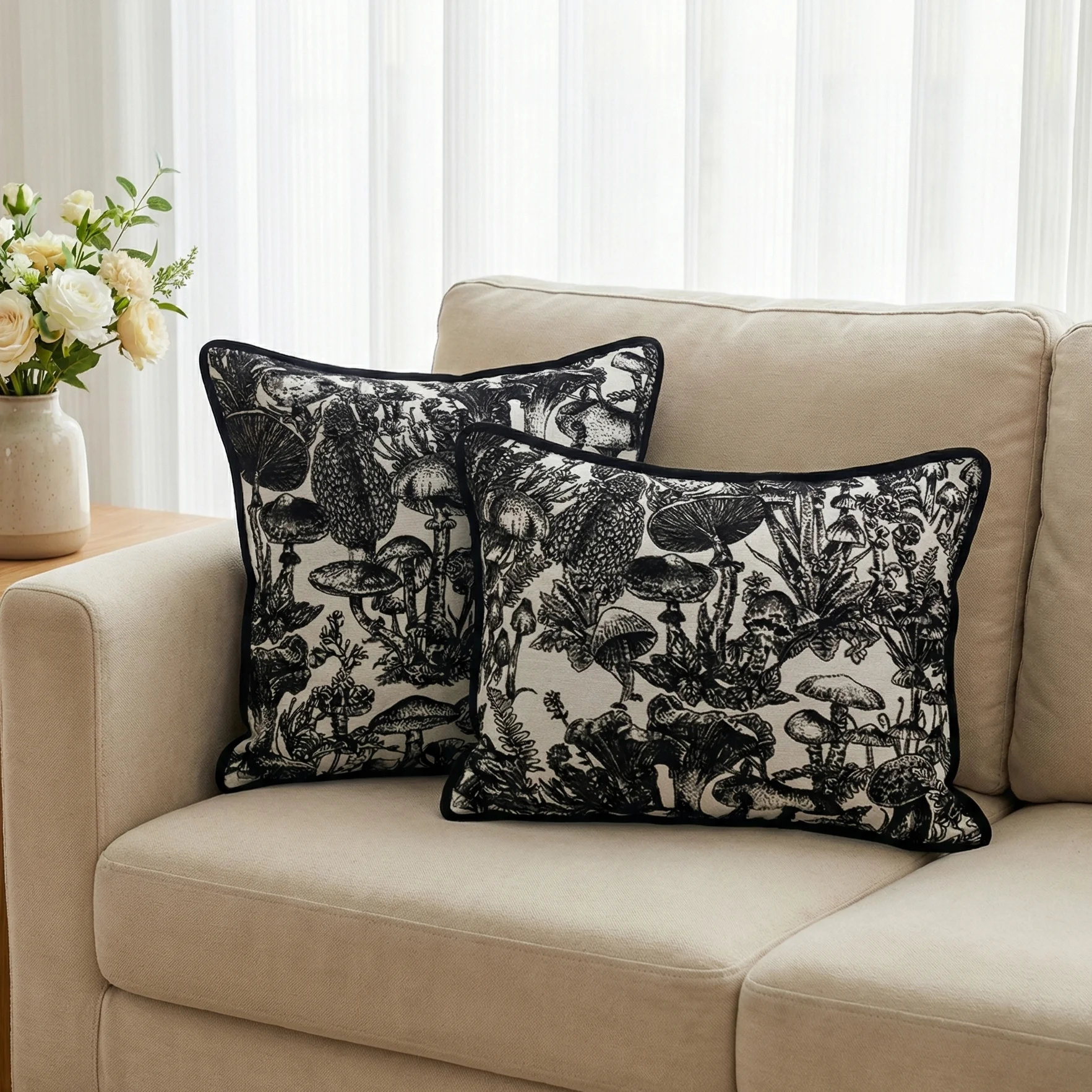 

Retro Plant Floral Pillowcase Black White Sofa Living Room Decorative Cushion Cover Modern Simple Style Home Office Use