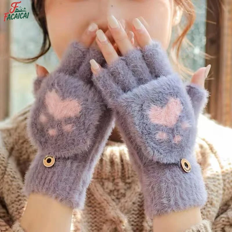 

Winter Plush Gloves for Kids Adult Cosplay,Stretchy Half-Finger Flip Top for Women,Touch Screen Compatible,Suitable for Going