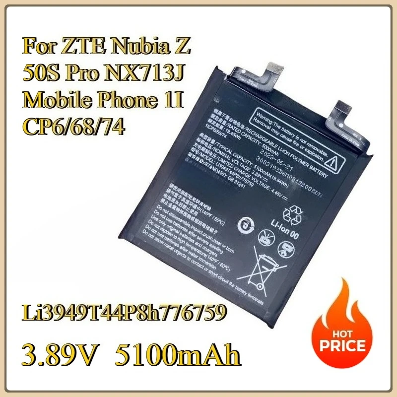 For ZTE Nubia Z50S Pro NX713J Mobile Phone 1ICP6/68/74 Mobile Phone Batteries Li3949T44P8h776759 3.89V 5000mAh Battery