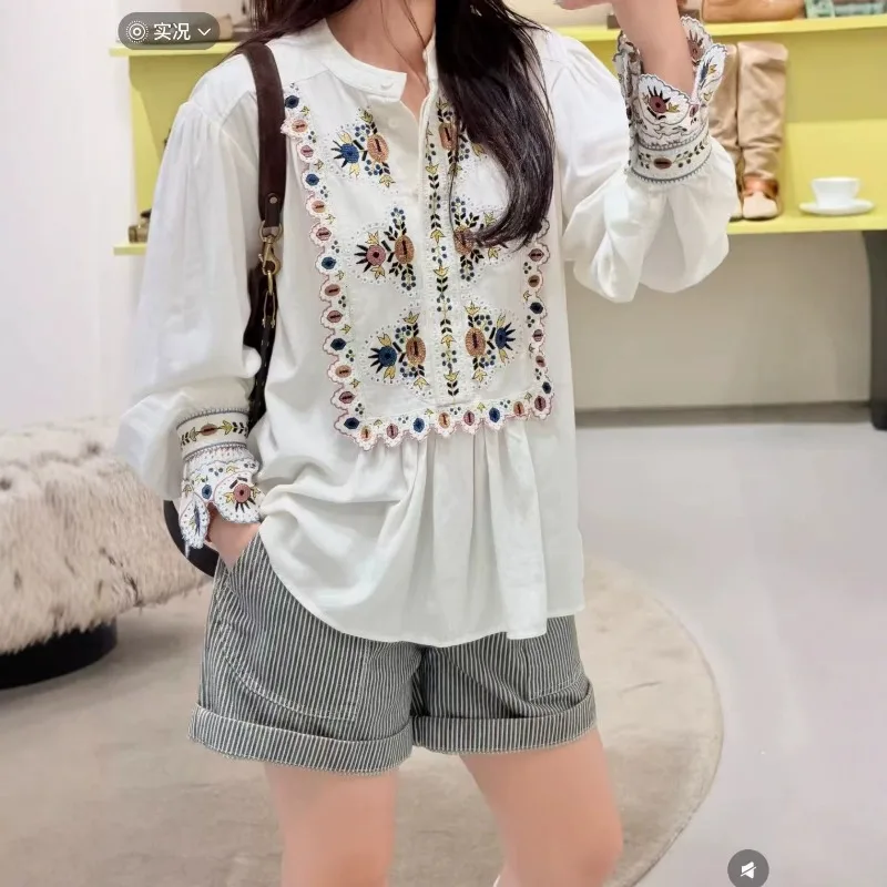 Women French Boho Colorful Embroidery Blouse Stand Collar Lantern Sleeve Scallop Cuff Loose Pleated Casual Shirt