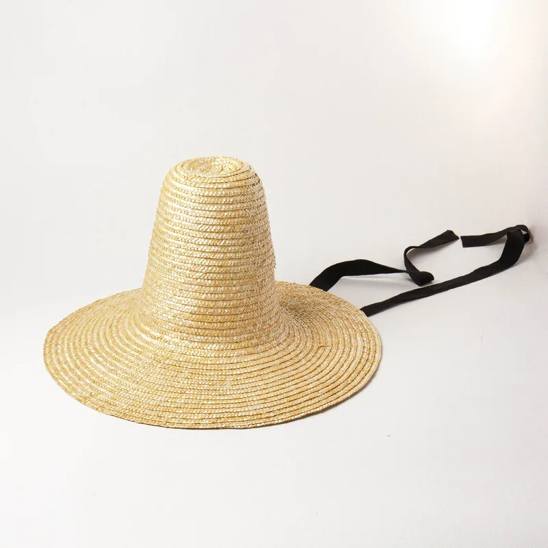 USPOP Retro Pointed High Top Straw Sun Hat with Straps Fashion Show Style and Wide Brim Straw Hat