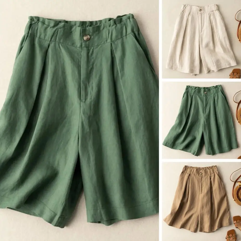 Pantalones cortos de algodón y lino para mujer, Shorts holgados de cintura alta y pierna ancha, informales, versátiles, sólidos, Retro, rectos, verano, 2024