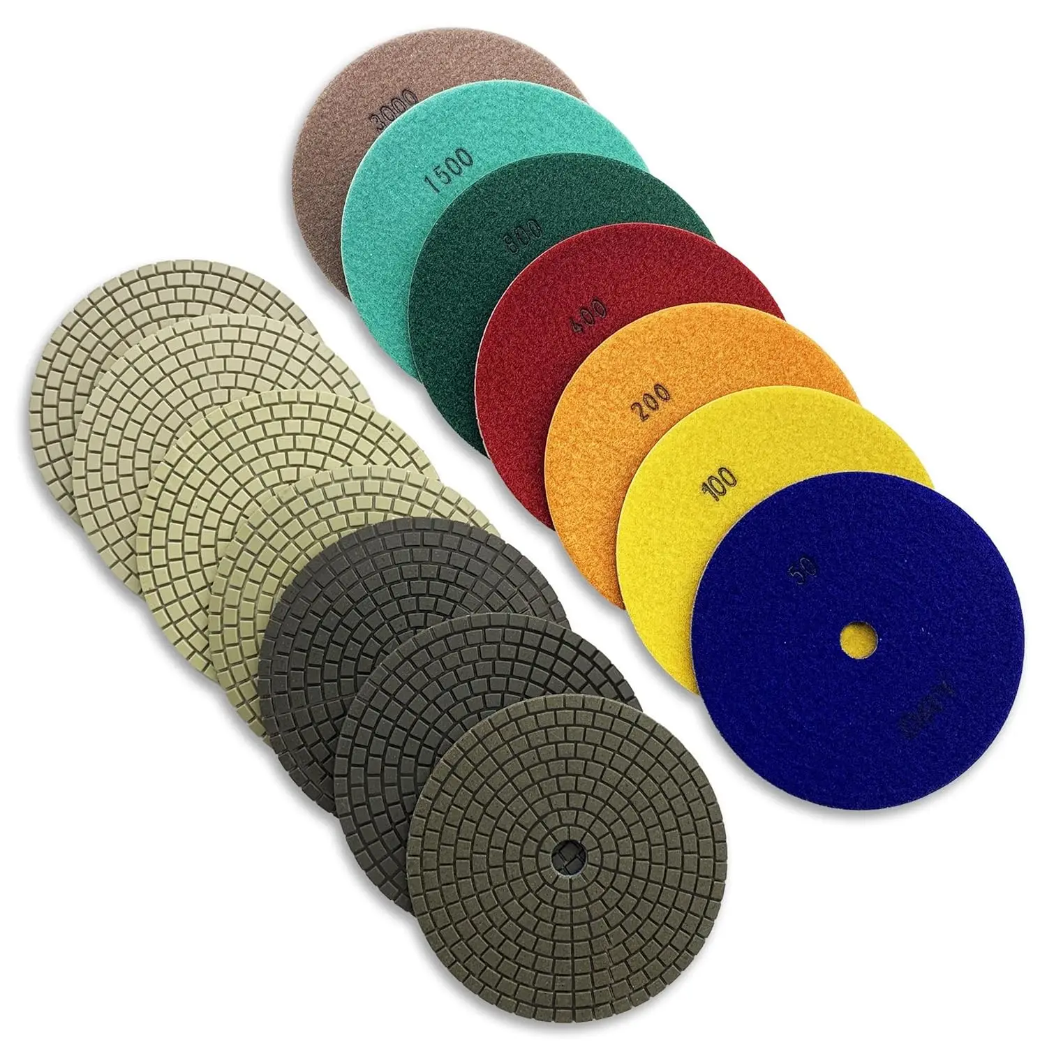 Stone/Concrete Polishing Pads Set (50, 100, 200, 400, 800, 1500, 3000 Grit) - 1.5mm Segment Height, Honeycomb Style for Granite,