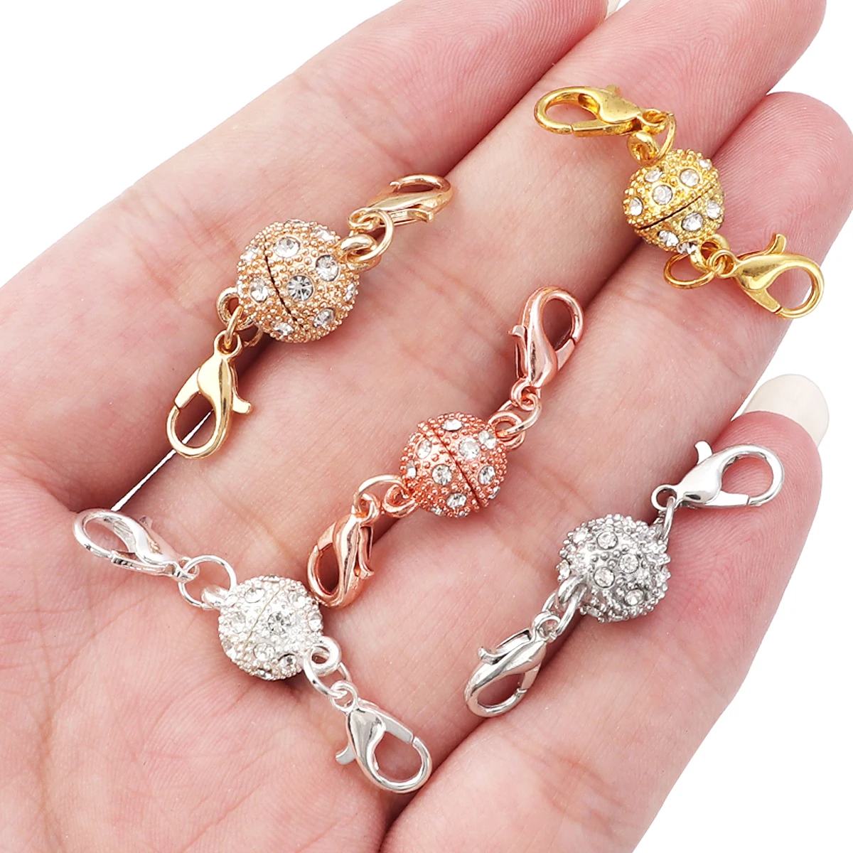5 Sets Runde Magnetverschlüsse mit Strasskugeln und Karabinerverschluss für DIY-Armbänder, Halsketten und Ketten-Endverbinder – Detail 3