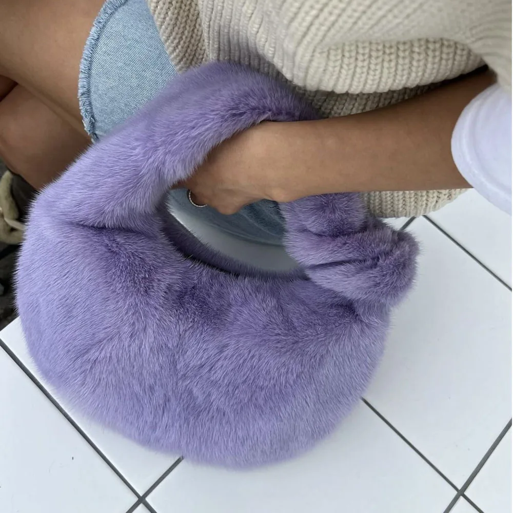 Luxury Designer Real Mink Fur Handbag Female Fur Small Bag Women Fur Fashion Bag Party Evening Handbag Furry Woven Knot Bag