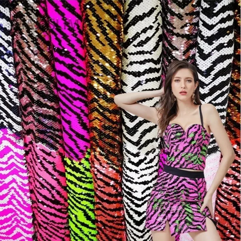 NEW 5MM Zebra Patterned Satin Embroidered Double-sided Sequin Fabric For Dress Bag Suit Wide：125CM