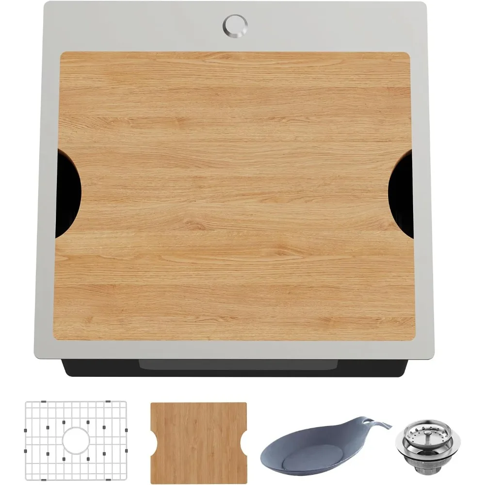 

Stainless Steel 21x20 Inch Single Bowl Kitchen Sink with Integrated Workstation for Kitchen and Bar Use