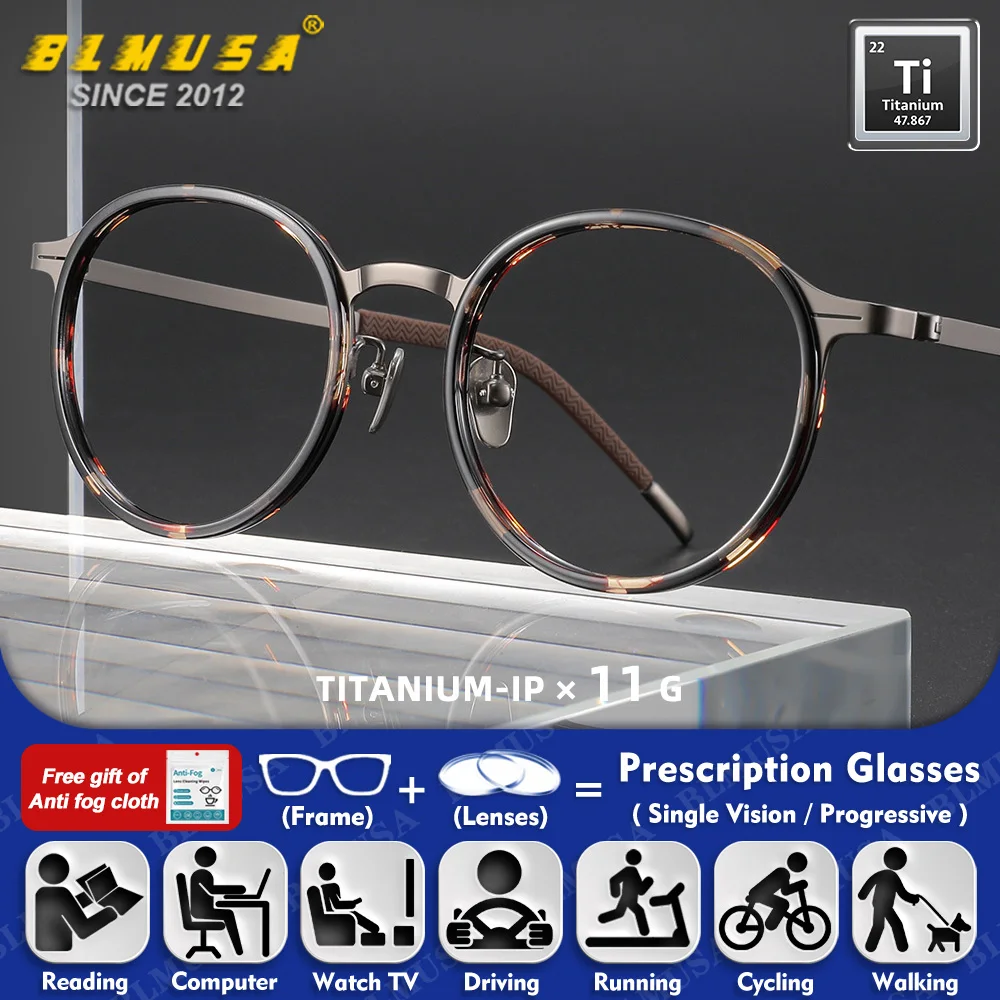 

BLMUSA (S) Business Oval Pure Titanium Prescription Glasses Men Anti Blue Light Myopia Glasses Multifocal Reading Office Eyewear
