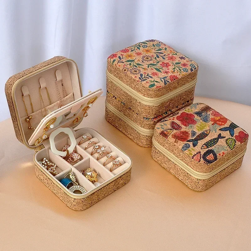 Portable Jewelry Organizers Jewelry Display Box Earrings Box Rings Case Necklaces Box Travel Storage Case Cork Texture