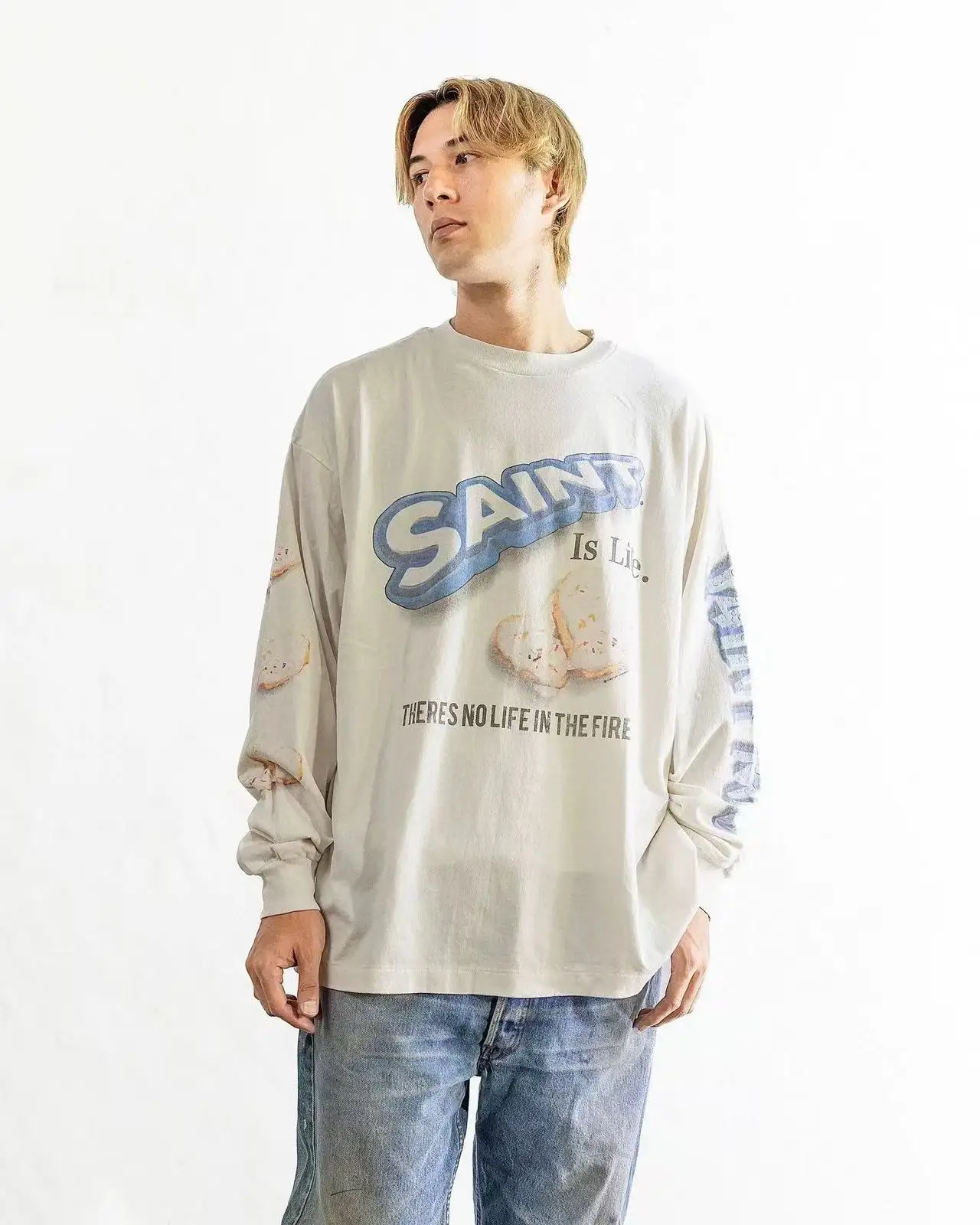 

2025 Round Neck Saint Vintage Men's Long Sleeves Sweatshirt Cartoon Love Biscuits Print High Quality Oversize Tops Clothing
