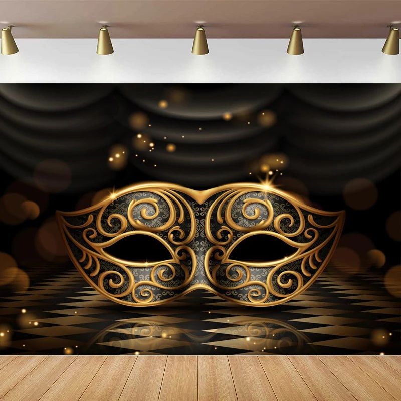 Mardi Gras Photography Backdrop Carnival Masquerade Glossy Golden Mask Dark Retro Floor Stage Background for Party Decoration