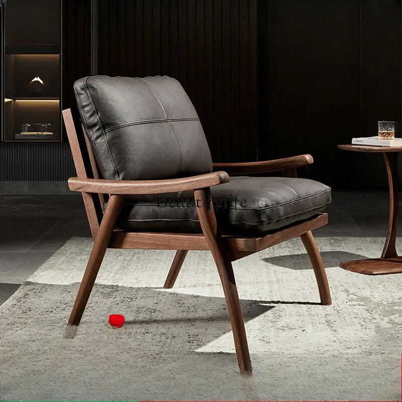 

FG44Nordic black walnut solid wood leather sofa chair living room Italian minimalist single leisure chair