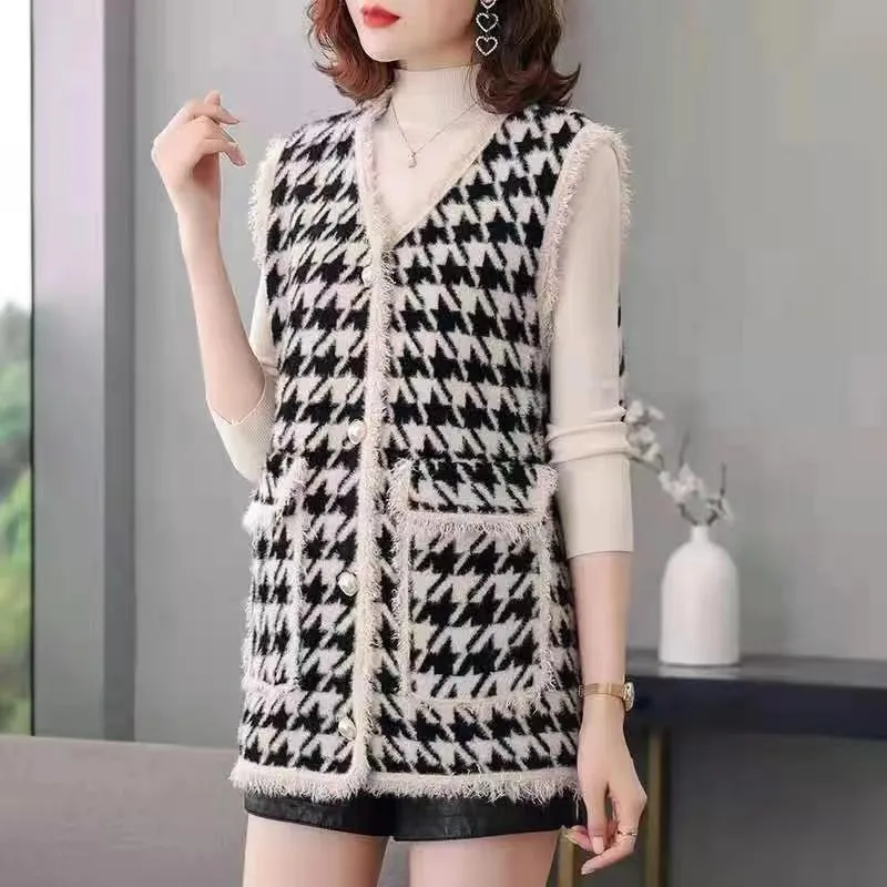 

Белый жилет с узором «гусиные лапки», женская новинка 2023 года, осенняя модная куртка, элегантный универсальный модный топ