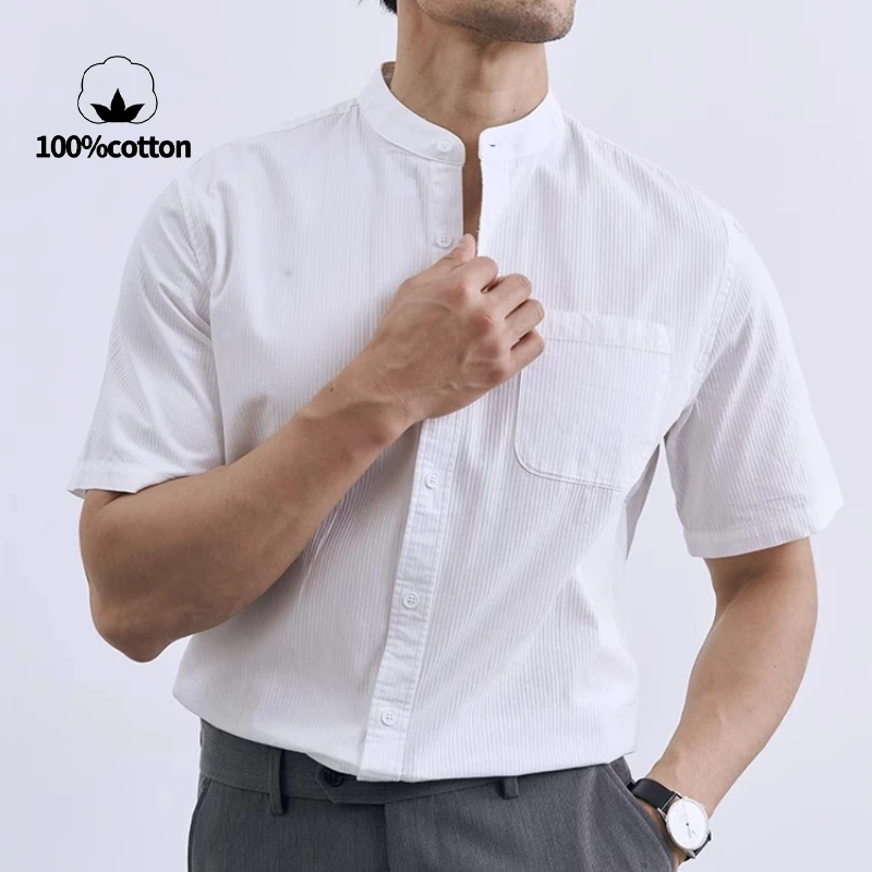 

Летний выбор: стильная деловая белая рубашка с воротником-стойкой и короткими рукавами для мужчин — повседневная рубашка из чистого хлопка с короткими рукавами