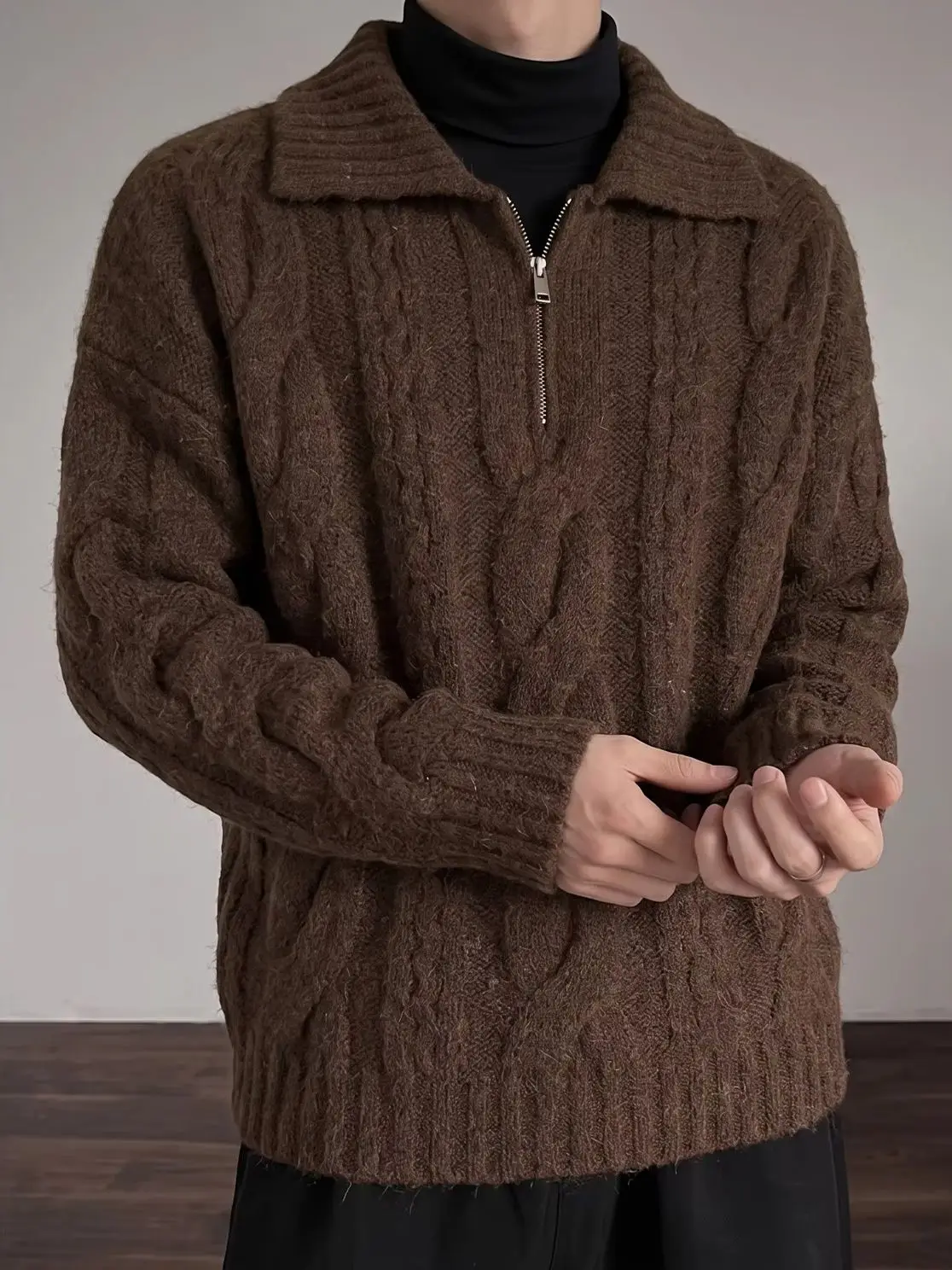 Men's Casual Half-Zip Lapel Sweater Autumn Winter Soft Plush Texture Relaxed Cable-Knit Sweater Warm Casual Minimalist Soft
