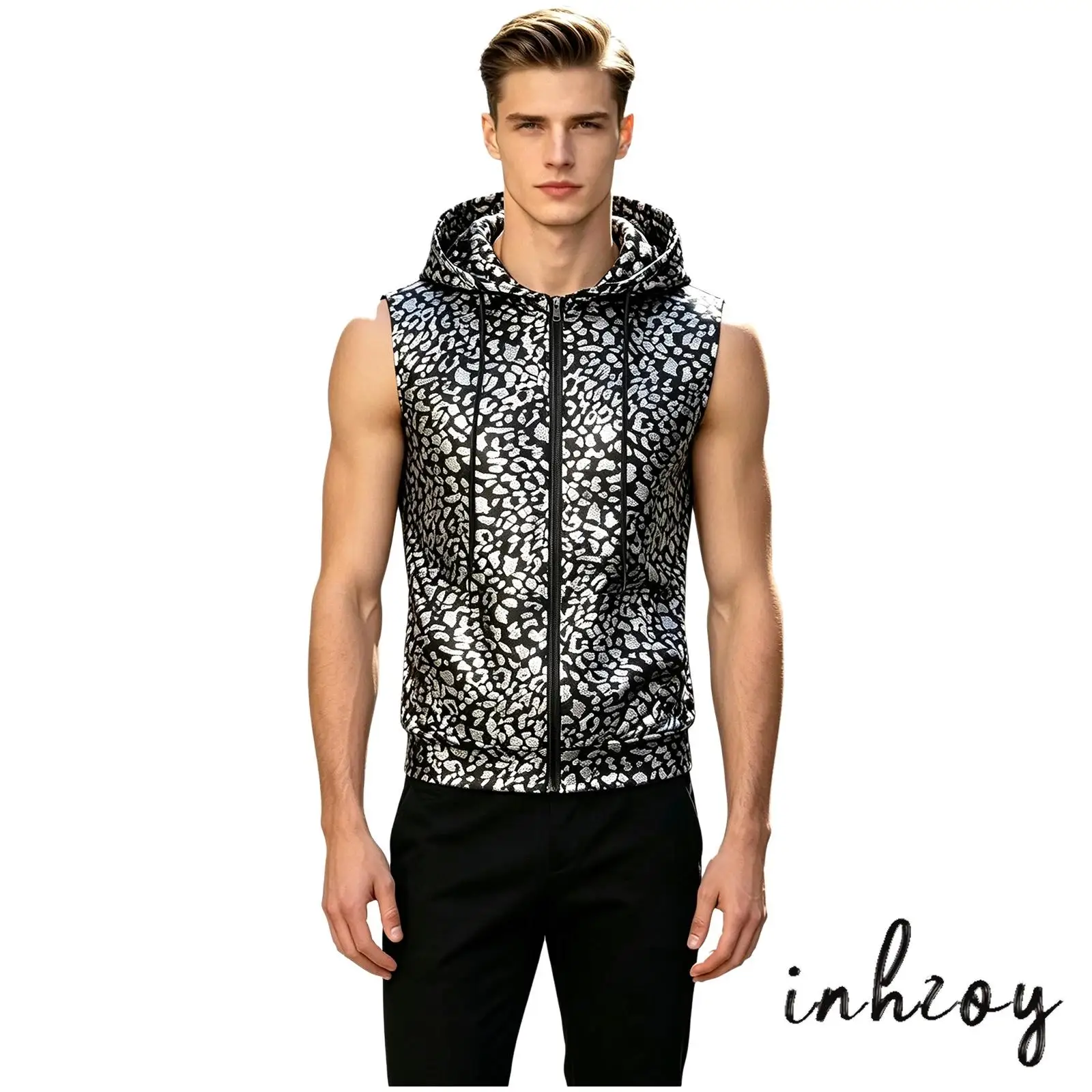 Men Women Metallic Leopard Hoodie Sleeveless Zipper Hooded Vest Top for Casual Daily Life Disco Hip Hop Party Club Rave Party