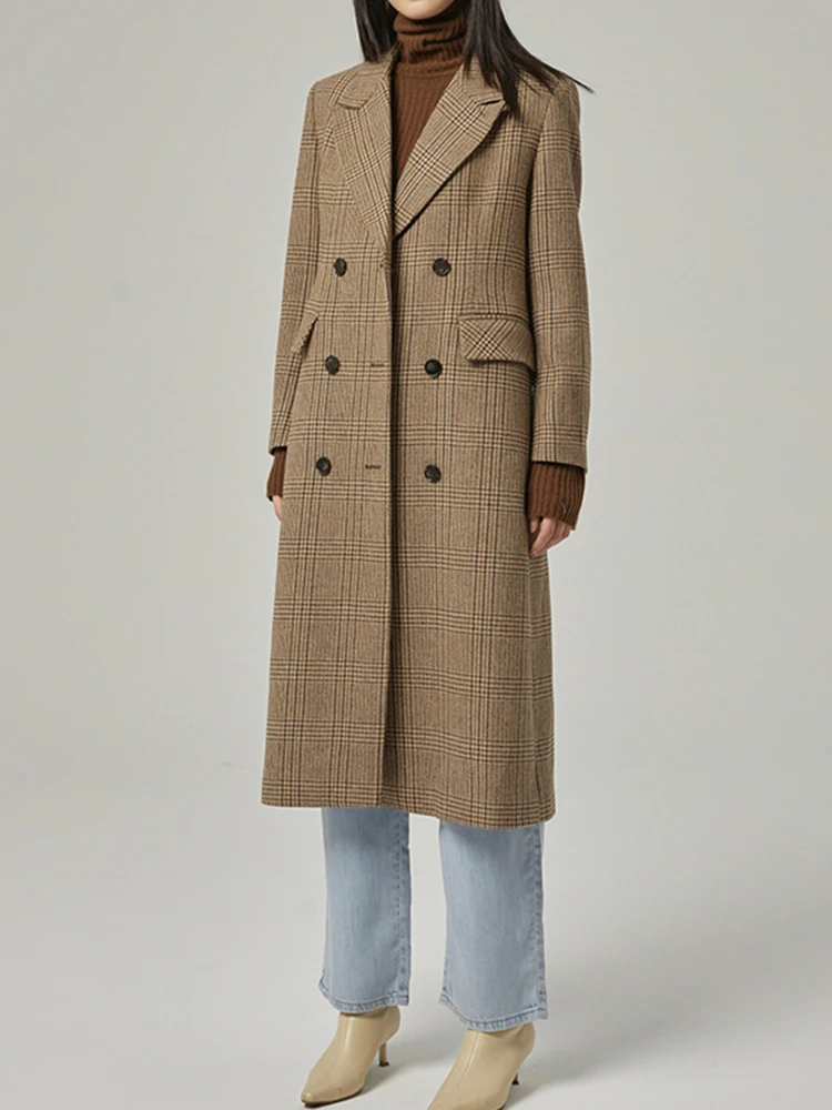 

Long Suit Wool Woman clothing Winter Chic Lambskin Patchwork Long Sleeve Double Breasted One Side Tweed Jacket Female clothing