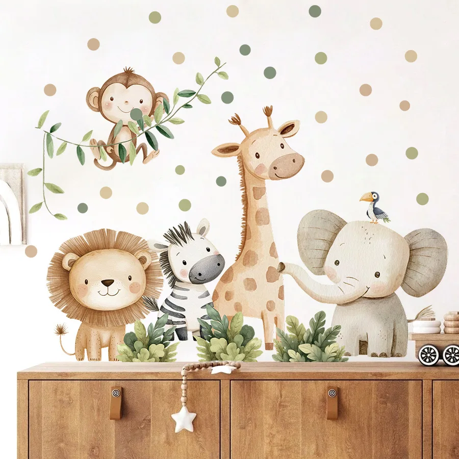 Cartoon Forest Animals Wall Stickers for Children Kids Rooms Girls Boys Baby Room Decoration Wallpaper Elephant Giraffe Nordic