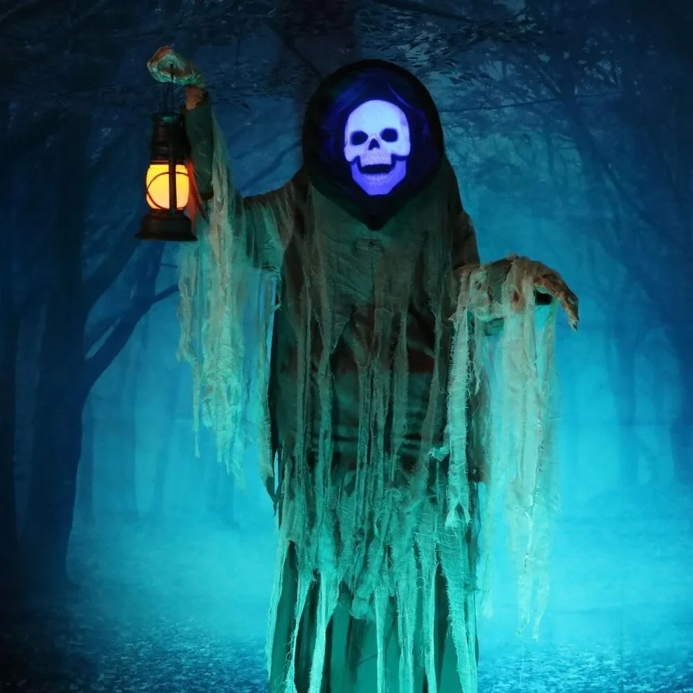 

76" Motion-Activated Looming Phantom, Plug-in Talking Halloween Animatronic for Standing or Hanging Indoor