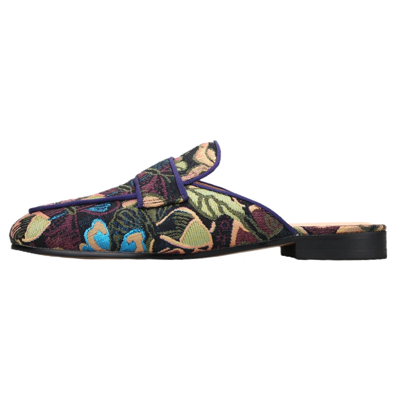 Piergitar Summer Style Totem Silk Men's Mules With Handmade Blue Gros-Grain Piping Slip-On Slippers Leather Insole Plus Size