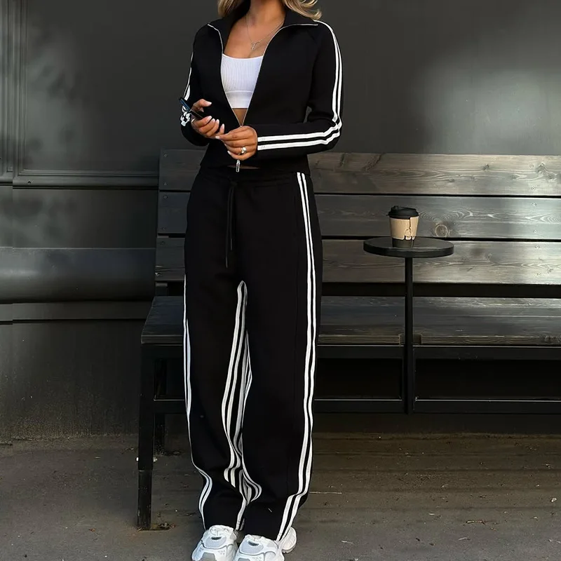 

Fashion Striped Two Piece Set Casual Sporty Zipper Long Sleeved Short Style Coat Top High Waist Lace Up Trousers Set For Women