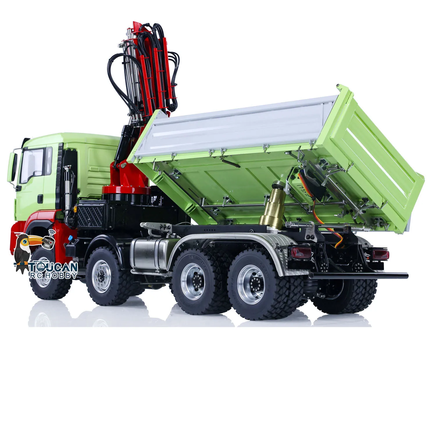 8X8 LESU 1/14 RC Dumper Idraulico Gru Camion 3-Way RTR PL18EV Suono Luce di Controllo Remoto In Metallo Autocarro con cassone ribaltabile Giocattolo Modello THZH1439