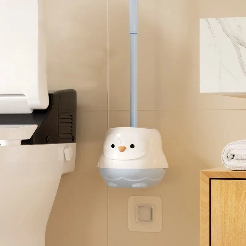 فرشاة تواليت بلاستيكية على شكل بطريق لطيف مع مقبض طويل وقاعدة واقفة لفرشاة تنظيف المرحاض في الحمام