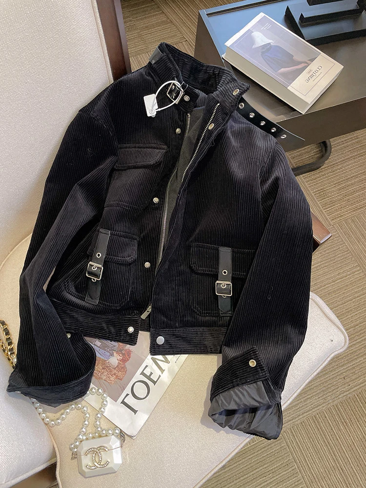 

Ретро-куртка в американском стиле для девушек: вельветовая укороченная куртка с воротником-стойкой, весенне-осенняя, мотоциклетная, в стиле Sweet Cool