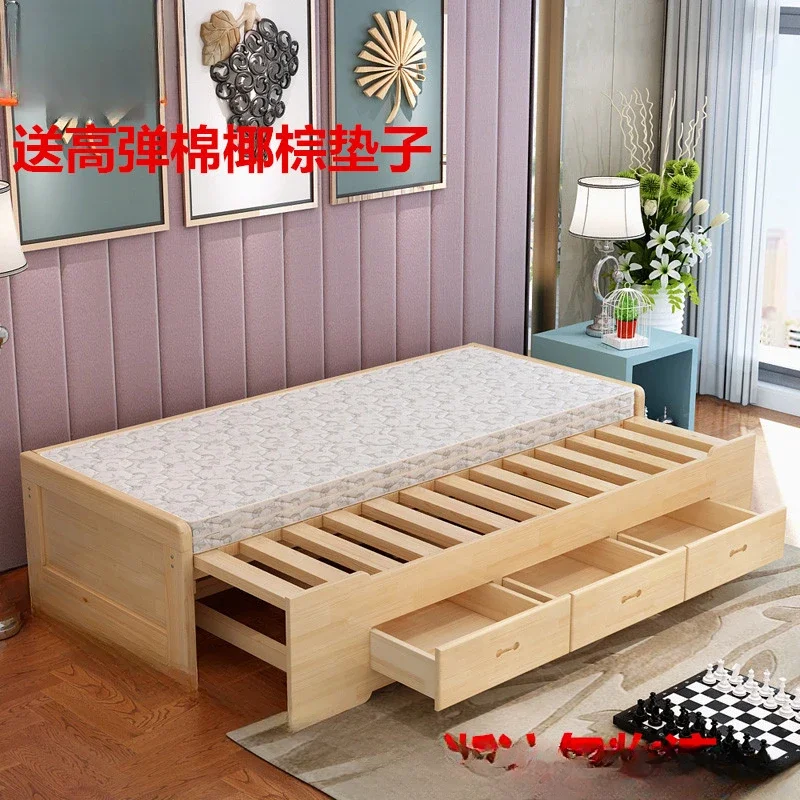 Solid wood sofa bed small apartment push-pull folding sitting and lying dual-purpose