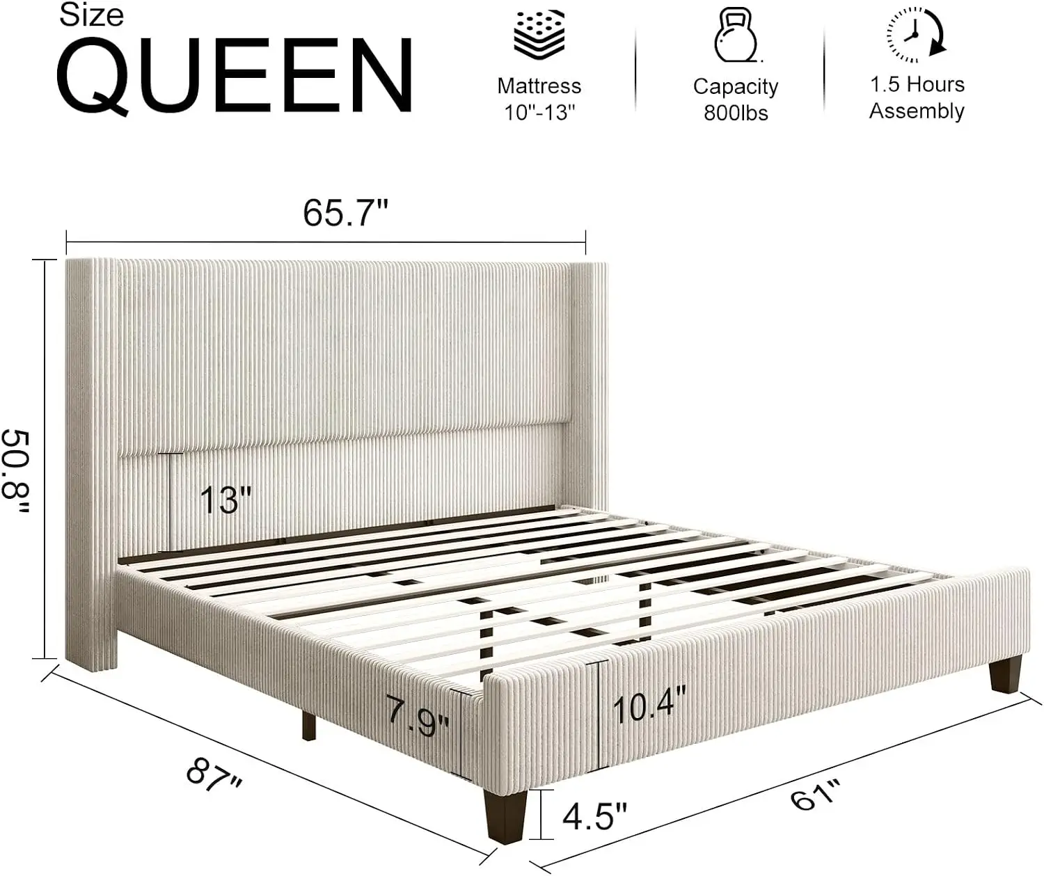 Queen Size Bed Frame with 50.8 Inch Corduroy Wingback Headboard, Cream | Modern Upholstered Platform Bed,  Customized