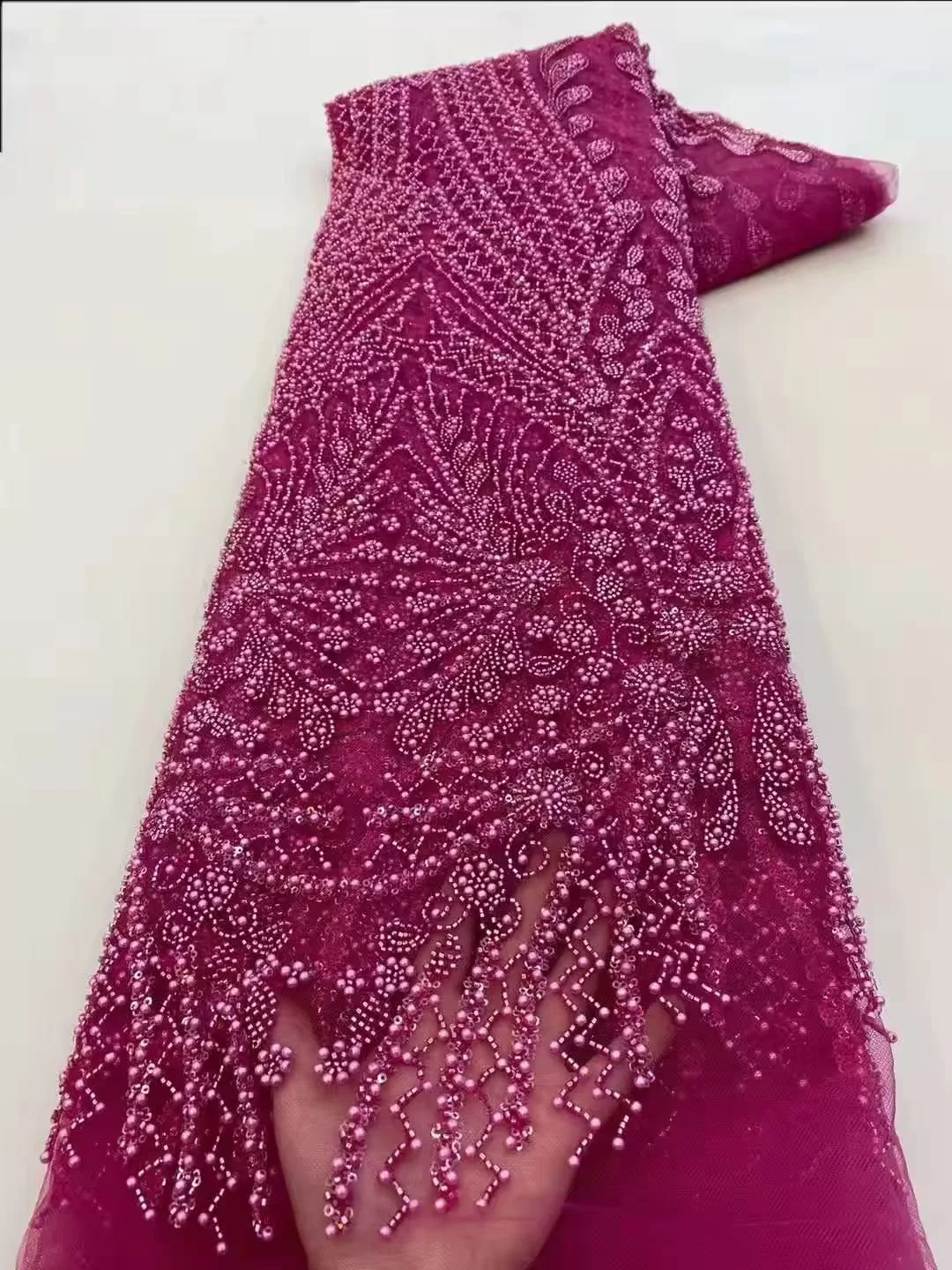 Wholesale African Heavy Beaded Lace Fabric 2026 High Quality Nigerian Luxury Sequin Lace French Tulle Fabric for Party Dress